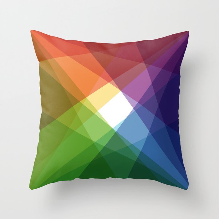 Throw pillow with intersecting rainbow prism pattern