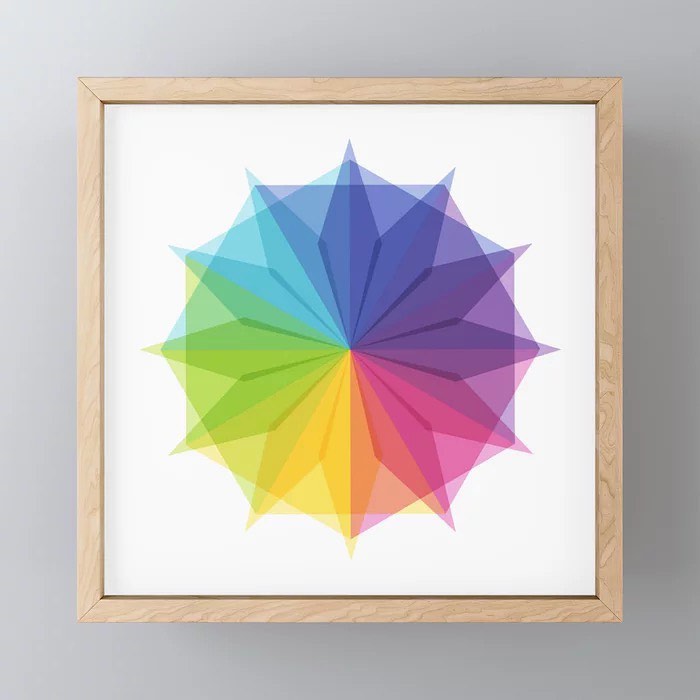 Framed geometric star print with overlapping rainbow triangles