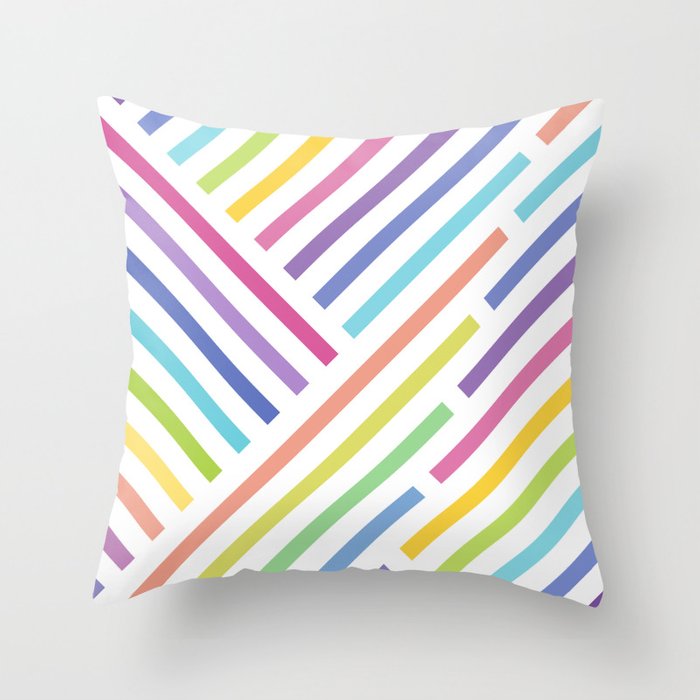 Throw pillow with diagonal rainbow stripes