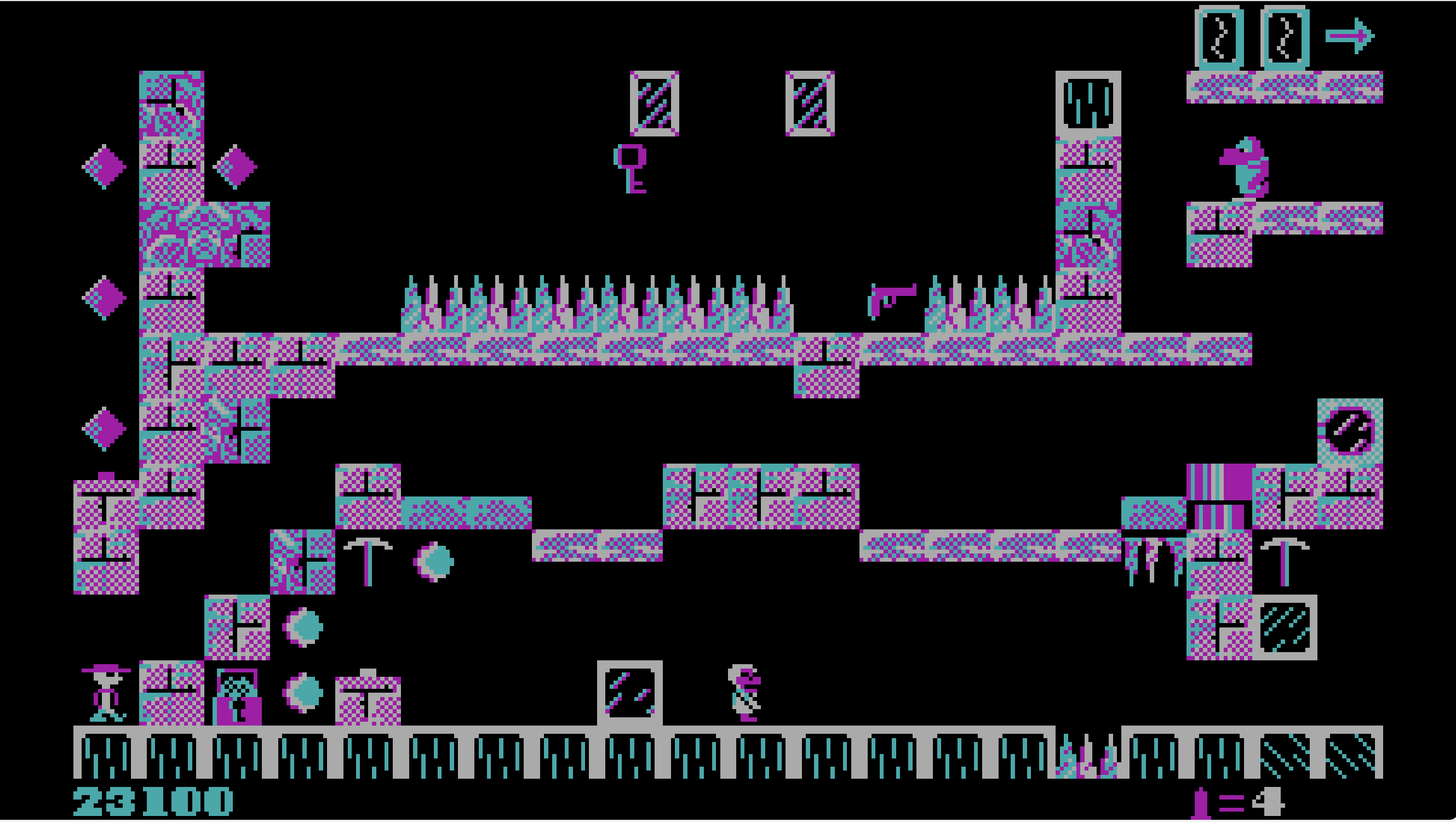 Arctic Adventure screenshot with cyan and magenta CGA platforming, spikes, and a key to collect