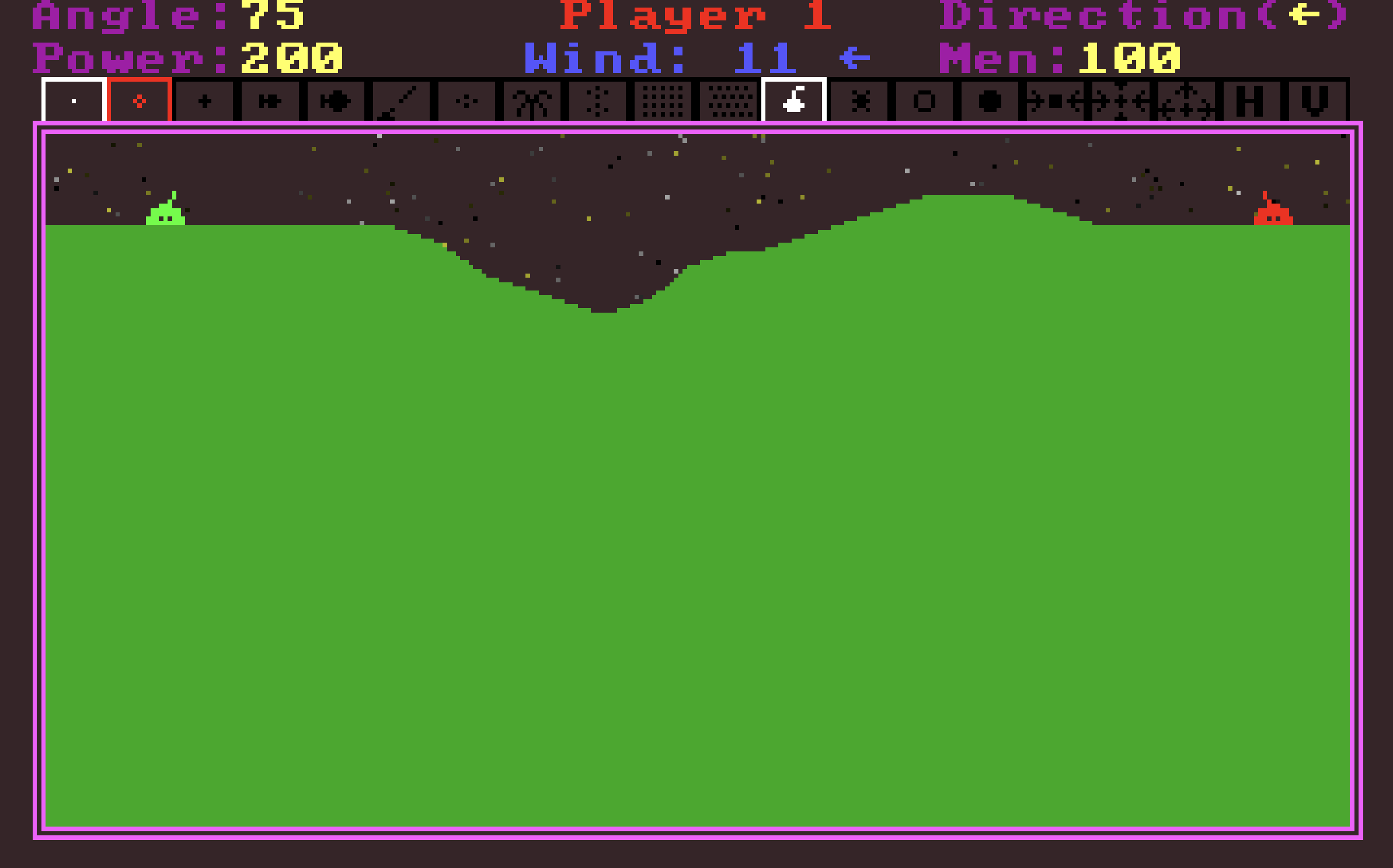 Desert Tank Wars screenshot with two tanks on hilly terrain, angle, power, and wind settings