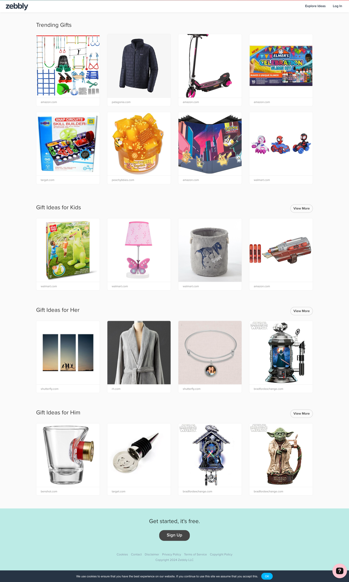 Zebbly explore page: trending gifts and gift idea categories
