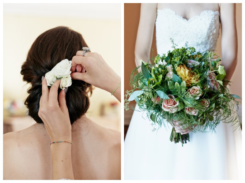 Hand tied bridal bouquet with garden roses, peach dahlia flowers and succulents.